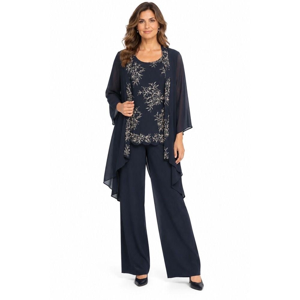 3 Piece Embroidered Sequin Pantsuit Set Shell Top Kimono Jacket Formal Size 16